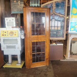 Oak Corner Cabinet with Lead Glass Doors