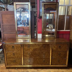 Burlwood Chinoserie Lowboy Dresser and 2 Mirrors