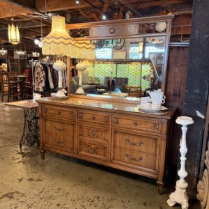 Vintage Oak Lowboy 9 Drawer Dresser and Mirror
