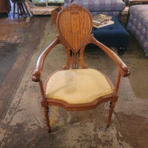 Antique Arm Chair w Yellow Upholstery and Mother of Pearl Inlay
