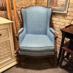 Wingback Arm Chair w Blue Floral Upholstery