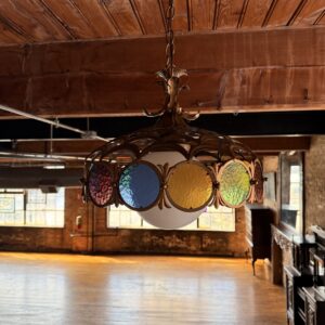 Vintage Brass & Stained Glass Hanging Light w Milk Glass Globe