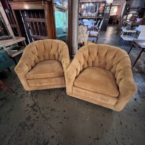1970s Gold Tufted Suede Barrel Back Arm Chair