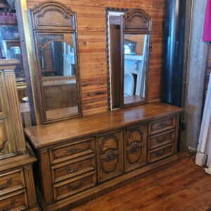 Vintage Oak Lowboy Dresser w 2 Mirrors