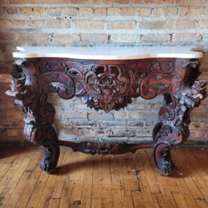 Antique Carved Mahogany Demilune Table with Marble Top