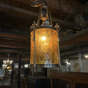 Antique Neoclassical Bronze w/ Amber Glass Pendant Light