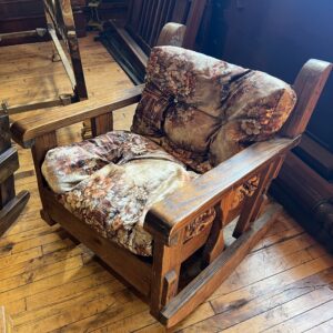 Vintage Pine Rocking Chair w Brown Floral Upholstery