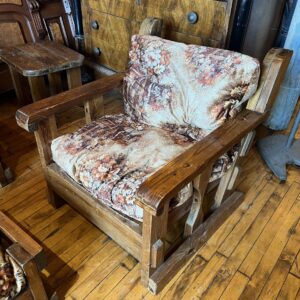 Vintage Pine Arm Chair w Brown Floral Upholstery